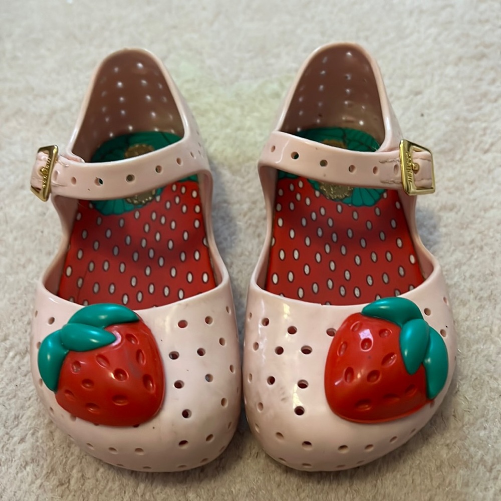 Mini Melissa Pink Strawberry Sandals, Size 7 kids